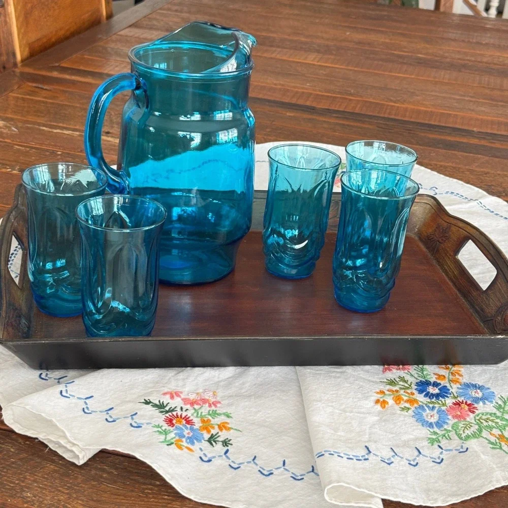 Vintage Aqua Blue‎ Glass Pitcher and 5 Matching Embossed Tumbler Set MCM Coastal
